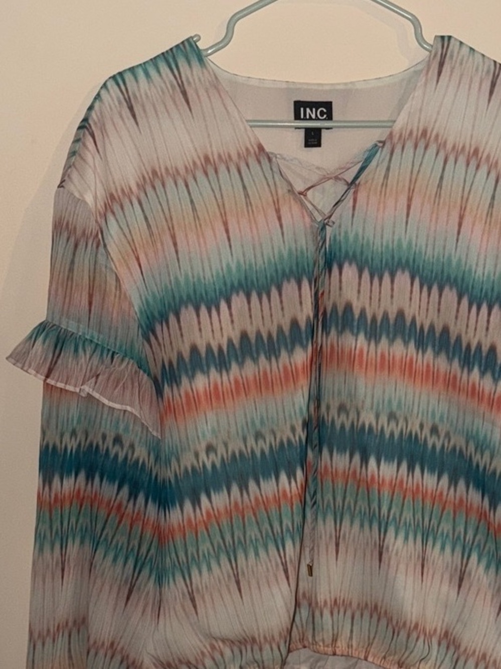 INC International Concepts Teal, Coral & Cream Pleated Chevron V-Neck Blouse